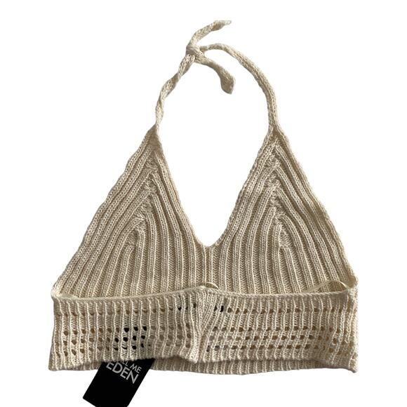 LF Call Me Eden Cream Crochet V-Neck Halter Crop Top Women's Size X-Small XS NWT - Picture 2 of 6